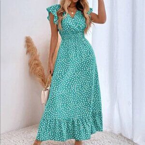 Dots ruffle trim shirred waist maxi dress light blue
